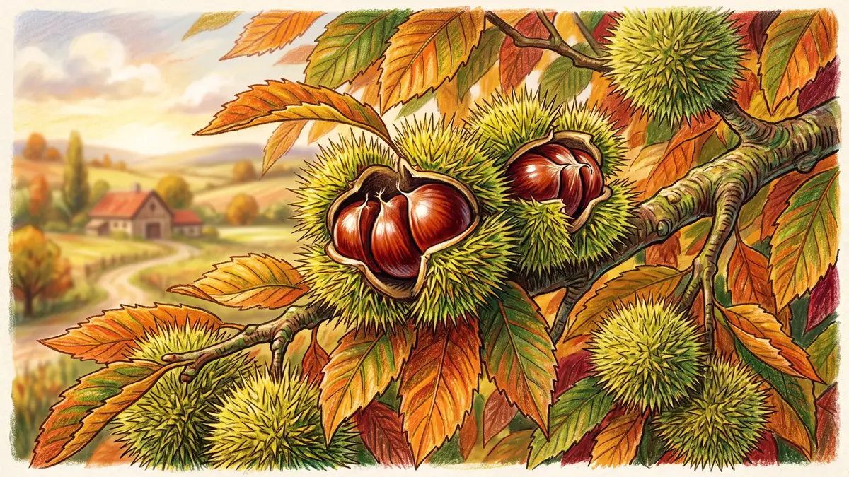 Pencil-crayon close-up of a chestnut branch heavy with spiny green burrs opening to reveal glossy brown chestnuts, a perennial staple crop