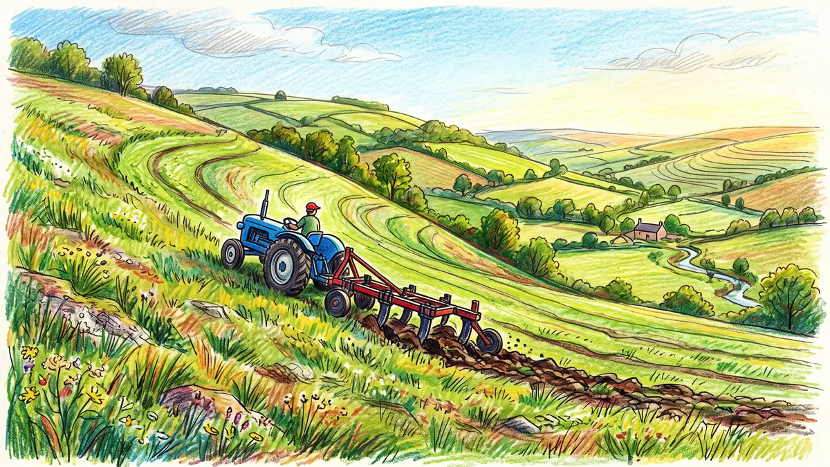 Pencil-crayon tractor pulling a Yeomans keyline plow across a green hillside, subsoiler shanks lifting soil without turning it, following the keyline pattern