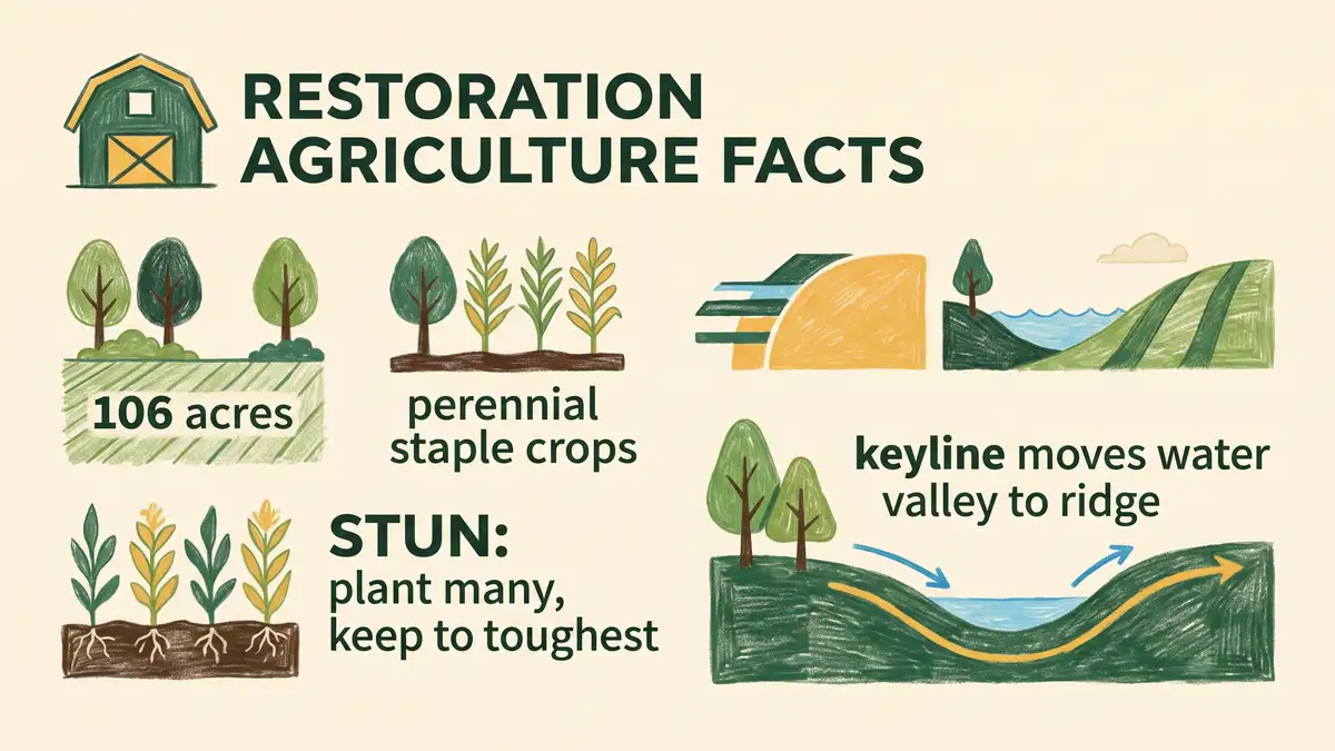 Pencil-crayon infographic of restoration agriculture: 106 acres, perennial staple crops, STUN plant many keep the toughest, keyline moves water valley to ridge