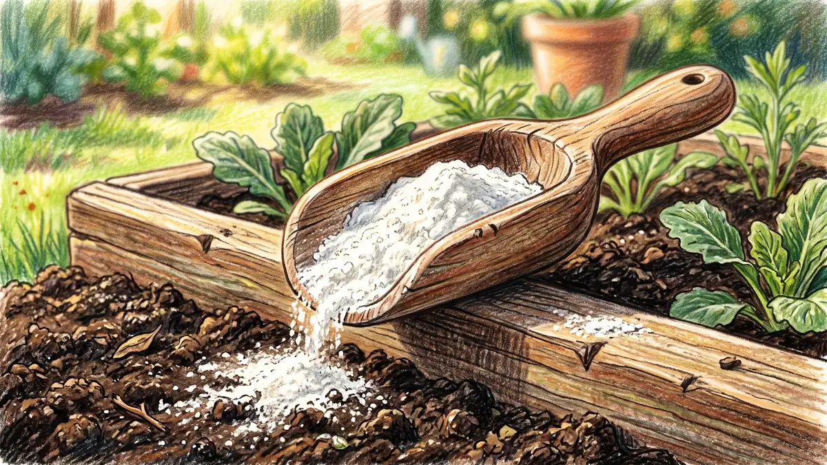 Pencil-crayon illustration of a wooden garden scoop holding chalky white diatomaceous earth powder resting on the edge of a raised vegetable bed