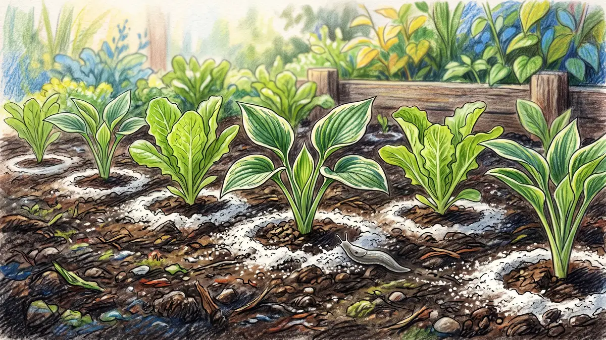 Pencil-crayon illustration of young lettuce seedlings with a protective ring of white diatomaceous earth powder around each stem to deter slugs