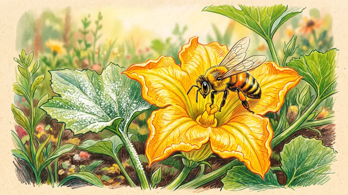 Pencil-crayon illustration of a honeybee landing on a squash blossom beside a plant dusted with white powder, showing the pollinator caution