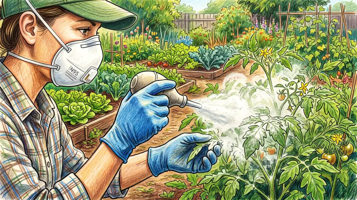 Pencil-crayon illustration of a gardener wearing an N95 dust mask and gloves using a bulb duster to apply diatomaceous earth safely