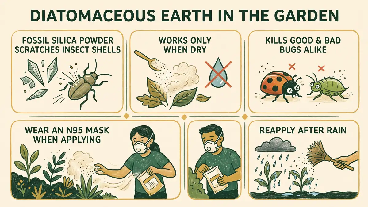 Pencil-crayon infographic explaining how diatomaceous earth works in the garden and its limits: scratches insect shells, works only when dry, kills good and bad bugs, wear an N95 mask, reapply after rain