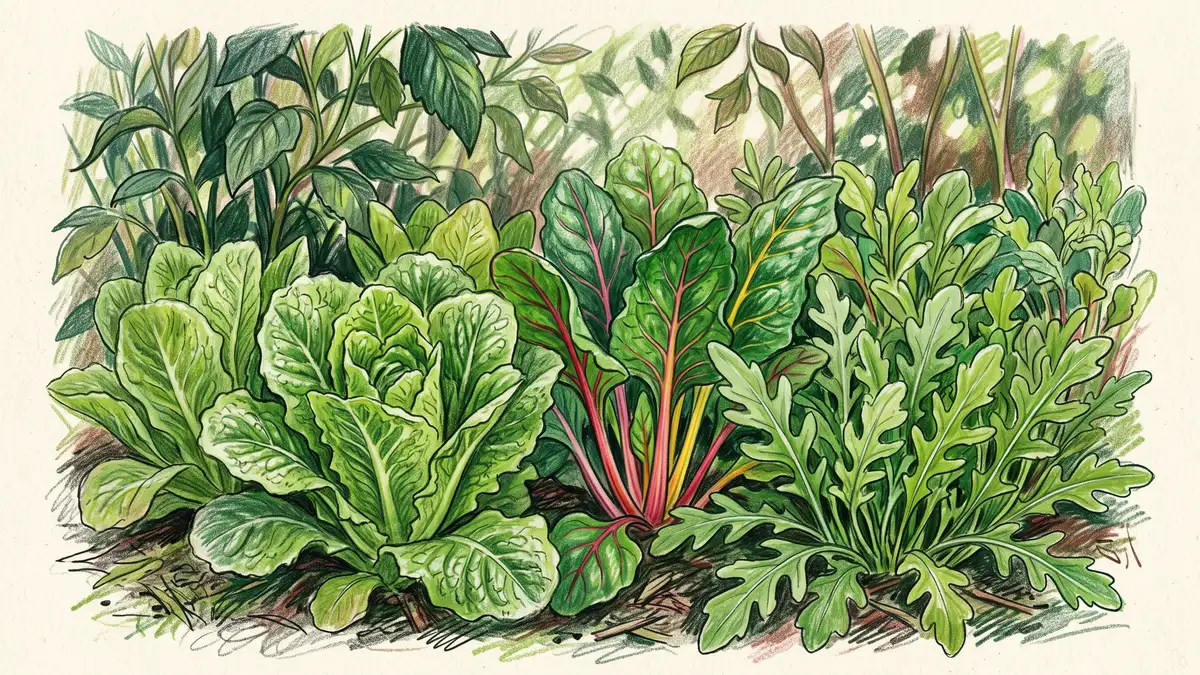 Pencil-crayon illustration of leafy green lettuce, Swiss chard and arugula thriving in dappled shade beside taller companion plants