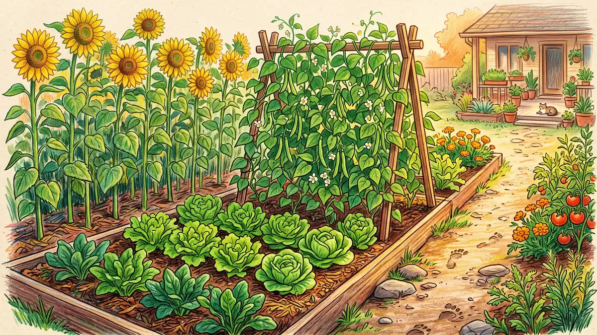 Pencil-crayon illustration of tall sunflowers and trellised beans casting cooling afternoon shade over a lower bed of lettuce and spinach