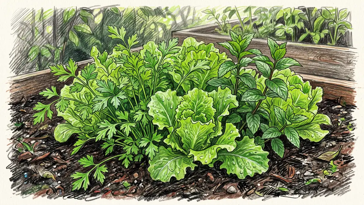 Pencil-crayon close-up of leaf lettuce, parsley and mint growing together in a cool shaded corner of a garden bed