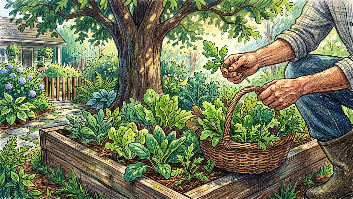 Pencil-crayon illustration of a gardener harvesting a basket of fresh leafy salad greens from a shaded raised bed beneath a tree
