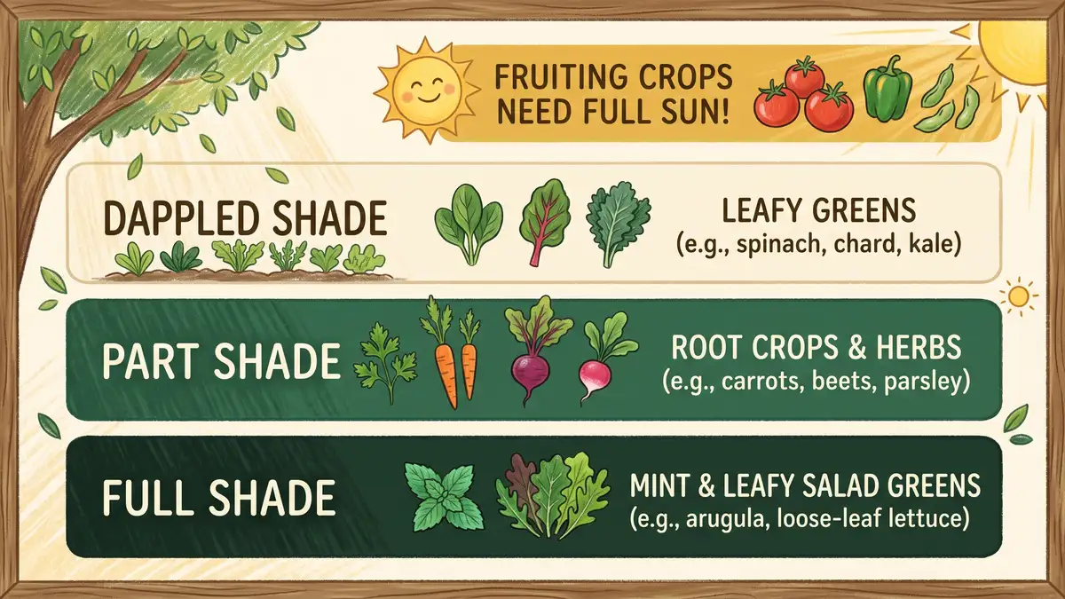 Pencil-crayon infographic showing three shade levels for a vegetable garden with dappled shade, part shade, and full shade crop examples