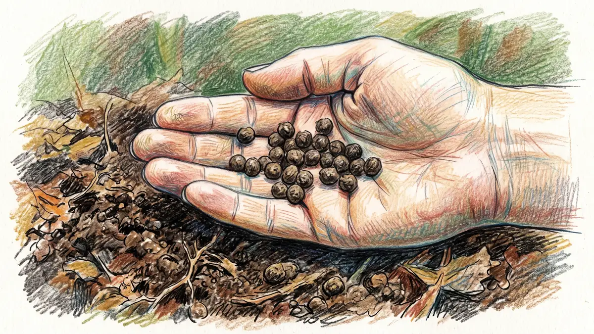 Pencil-crayon illustration of small round dry dark-brown rabbit manure pellets held in a cupped hand above rich garden soil
