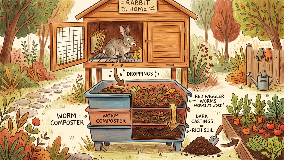 Pencil-crayon illustration of a rabbit in a raised hutch with a worm composting bin underneath catching the droppings to make castings