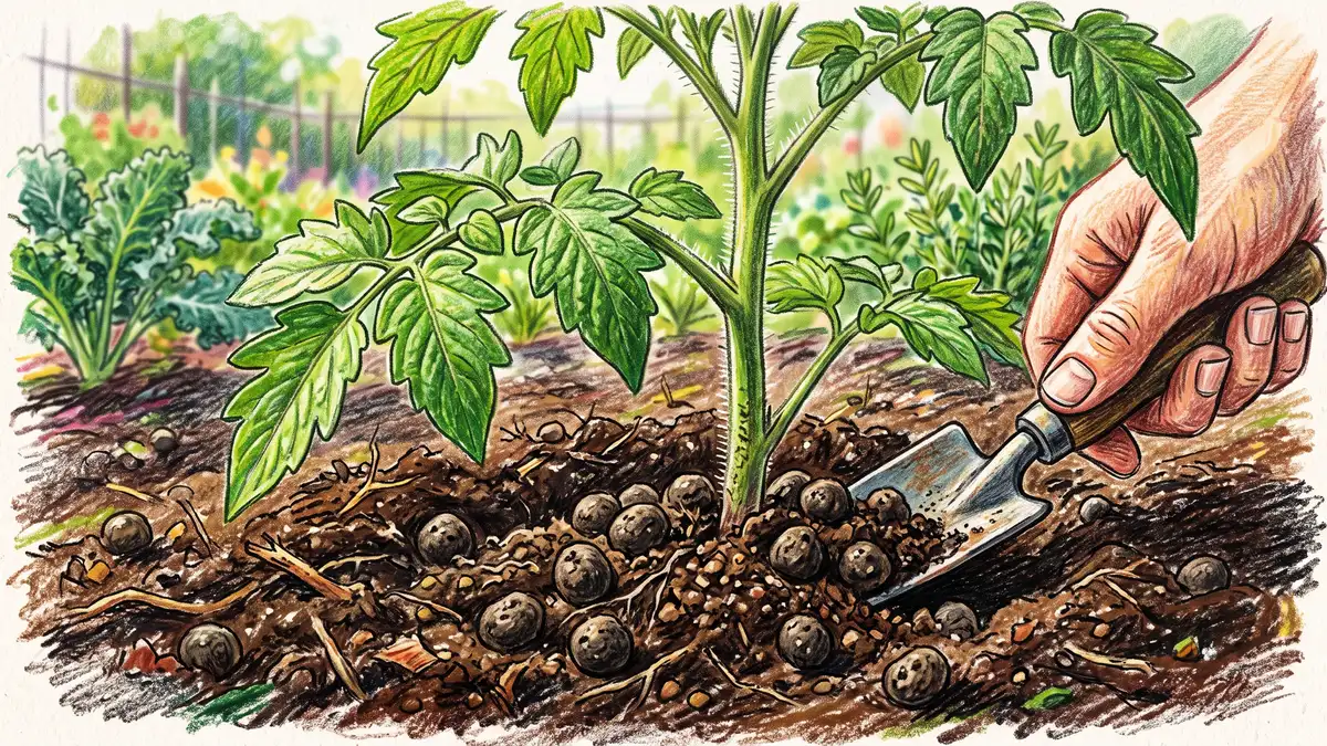 Pencil-crayon close-up of dark round rabbit manure pellets being worked into the soil around the base of a healthy young tomato plant