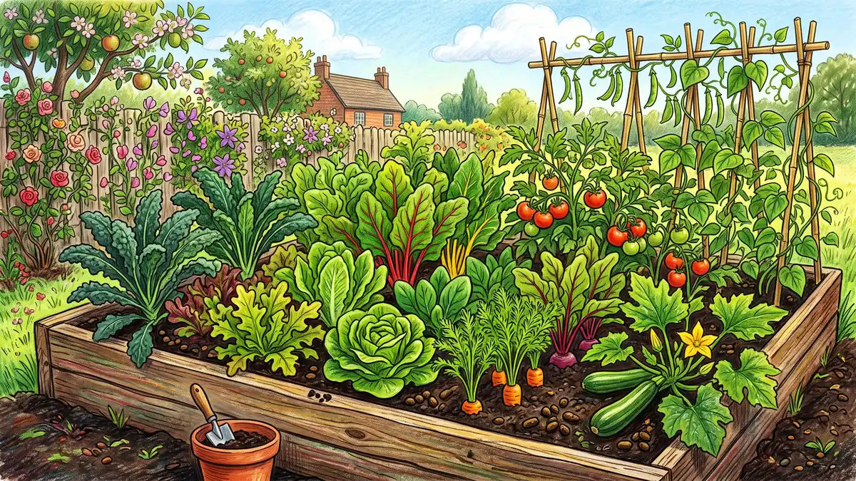 Pencil-crayon illustration of a lush thriving backyard vegetable garden bed fertilized with rabbit manure showing vigorous healthy growth