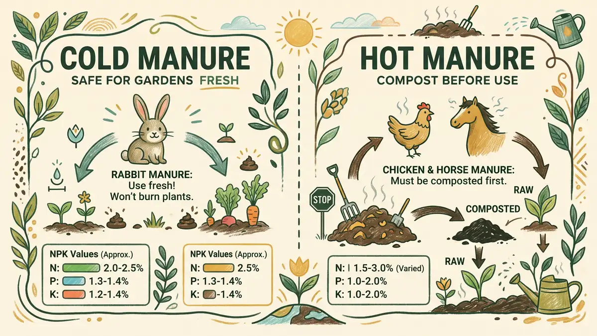 Pencil-crayon infographic comparing cold manure and hot manure: rabbit manure can be used fresh, chicken and horse manure must be composted first