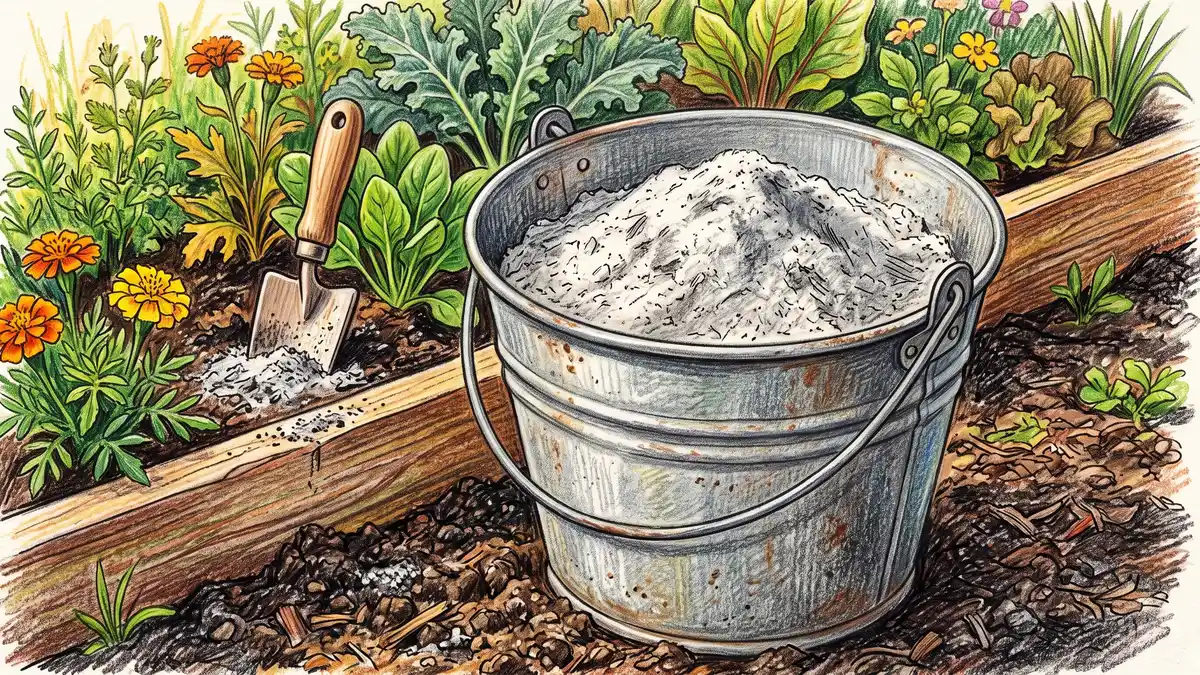 Pencil-crayon illustration of fine soft pale-gray wood ash in a galvanized metal bucket resting beside a garden bed