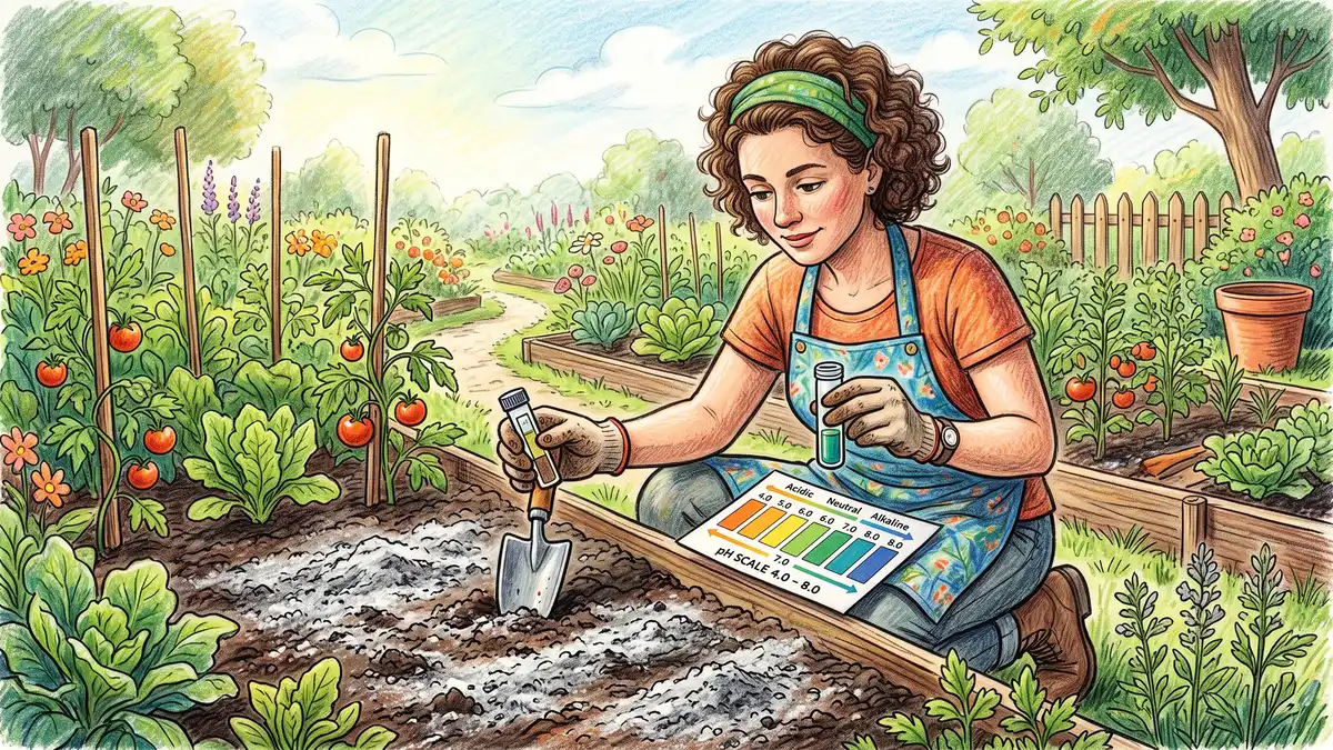Pencil-crayon illustration of a gardener testing garden soil pH with a color-chart test kit beside a bed dusted with wood ash