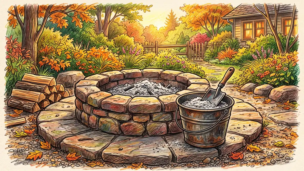 Pencil-crayon illustration of a cooled fire pit with a metal bucket collecting soft gray wood ash and a small shovel