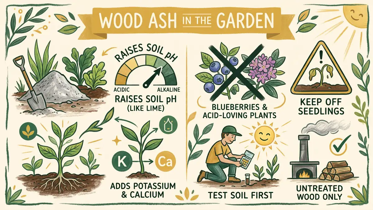 Pencil-crayon infographic on wood ash in the garden: raises pH like lime, adds potassium and calcium, avoid acid-loving plants and seedlings, test soil first