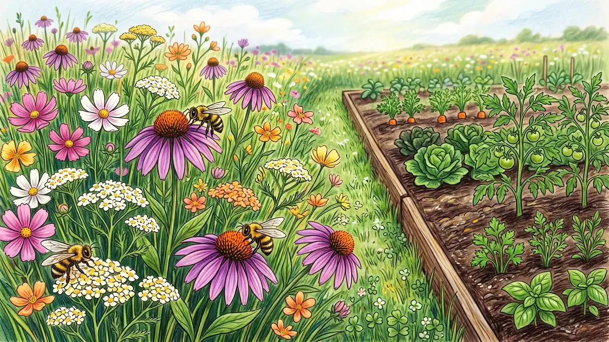 Pencil-crayon illustration of a flowering wildflower meadow edge with coneflower, yarrow and cosmos running alongside a tidy vegetable bed