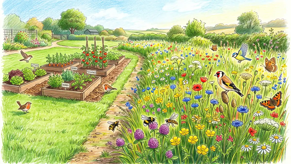 Pencil-crayon illustration of the transition zone where a mown lawn and vegetable beds meet a strip of tall flowering wildflower meadow
