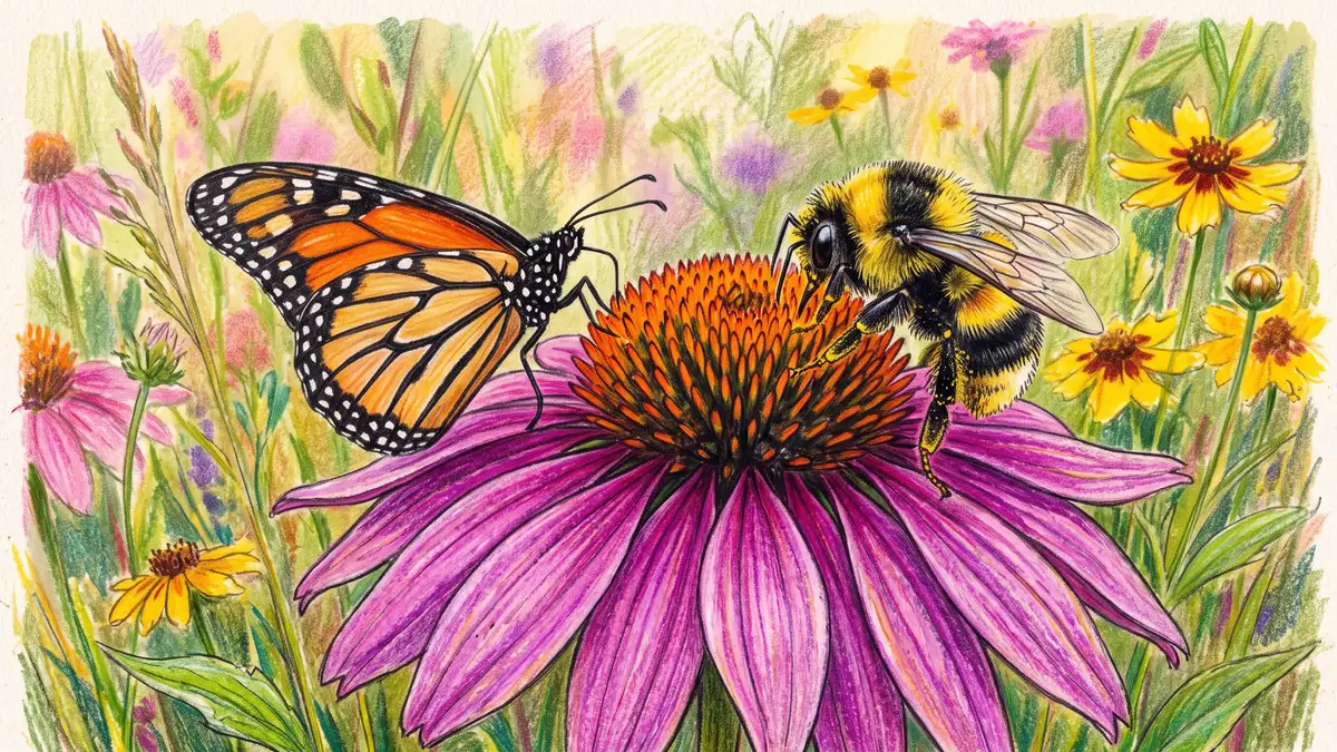 Pencil-crayon close-up of a bumblebee and a butterfly visiting a bright purple coneflower in a wildflower border