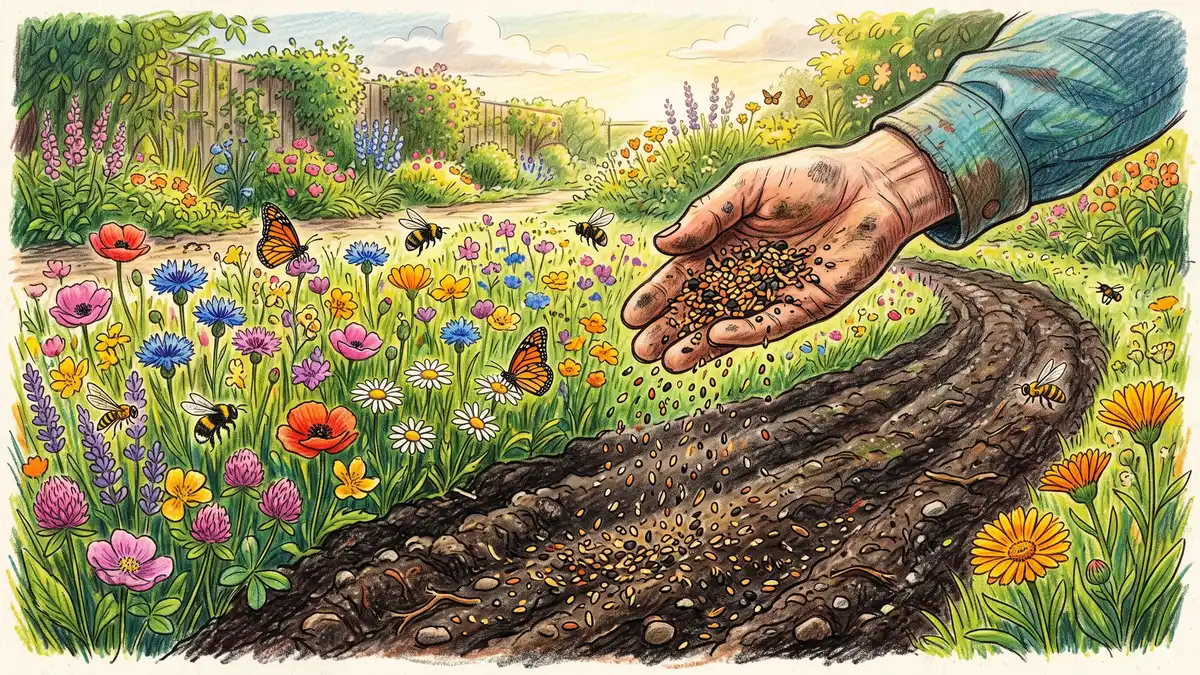 Pencil-crayon illustration of a gardener's hand scattering a mix of wildflower seeds along the prepared soil edge of a garden bed