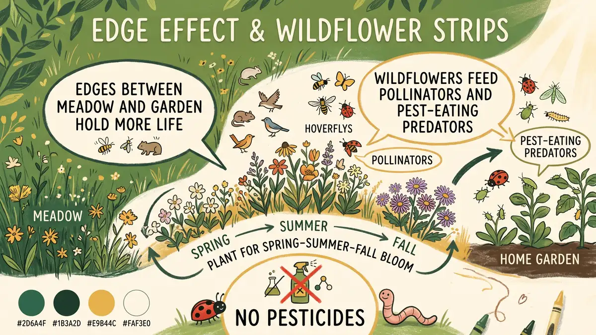 Pencil-crayon infographic on the edge effect and wildflower strips feeding pollinators and pest-eating predators with spring-to-fall bloom