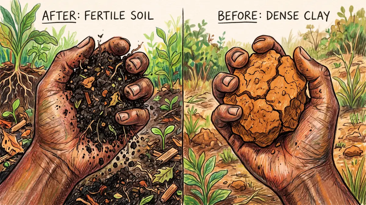 Pencil-crayon illustration comparing a hand crumbling dark improved clay soil with a hand holding a hard dense chunk of orange-brown clay