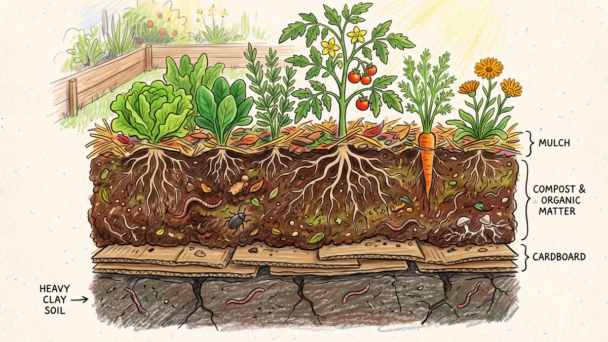 Pencil-crayon cross-section of a no-dig garden bed built on clay with layers of cardboard, compost and mulch and roots reaching down