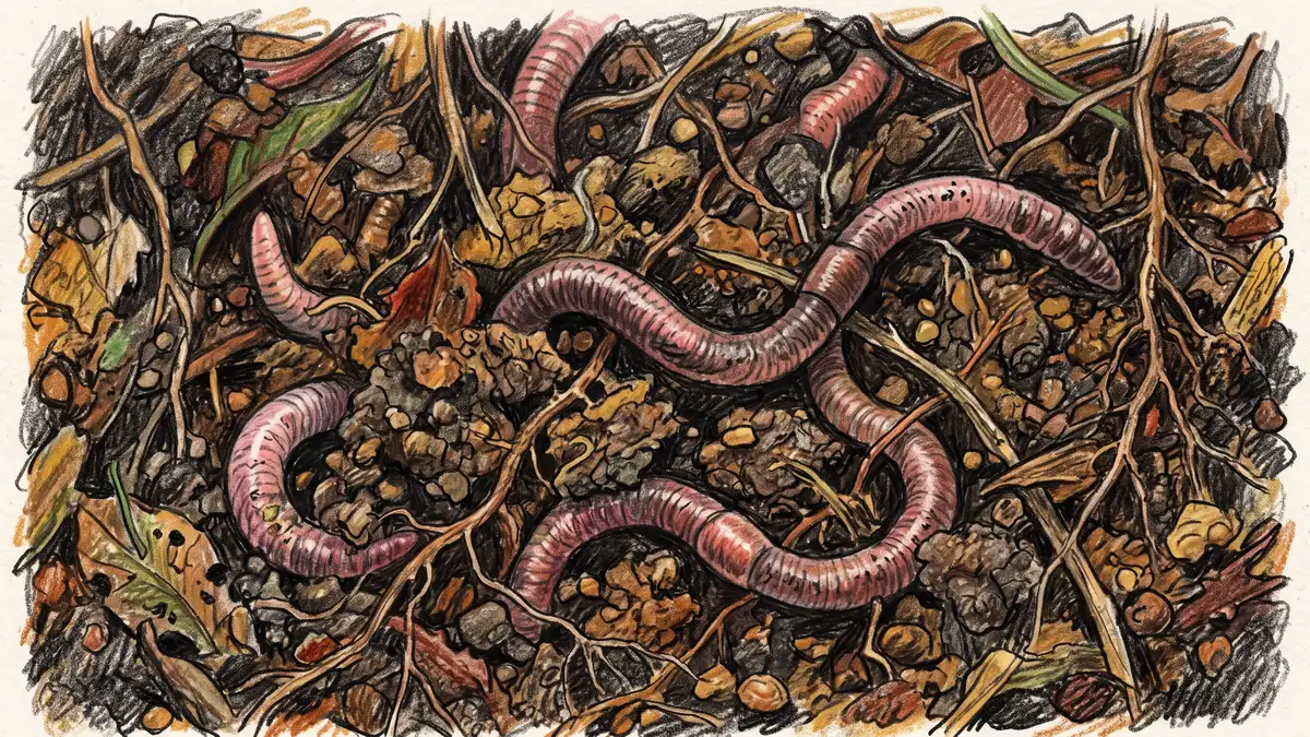 Pencil-crayon close-up of earthworms in dark crumbly improved clay soil rich with compost and organic matter