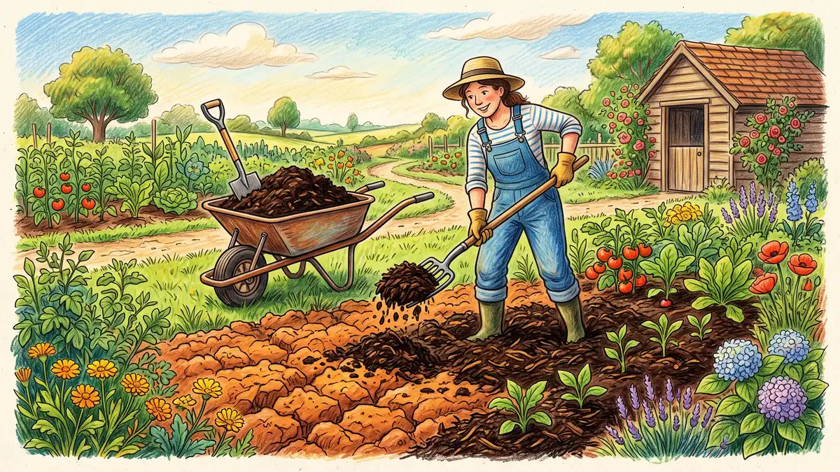 Pencil-crayon illustration of a gardener spreading a thick layer of dark compost mulch over a heavy clay garden bed
