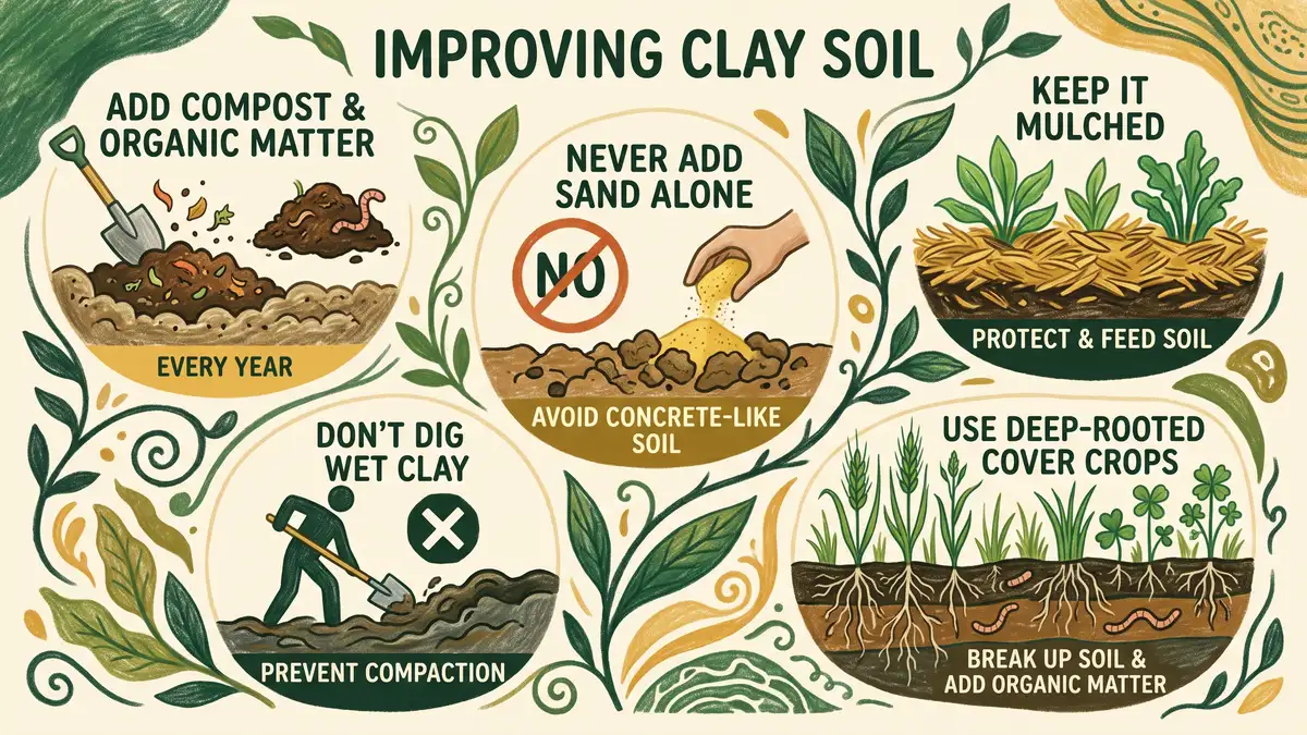 Pencil-crayon infographic on improving clay soil: add compost yearly, never add sand alone, keep it mulched, don't dig wet clay, use deep-rooted cover crops