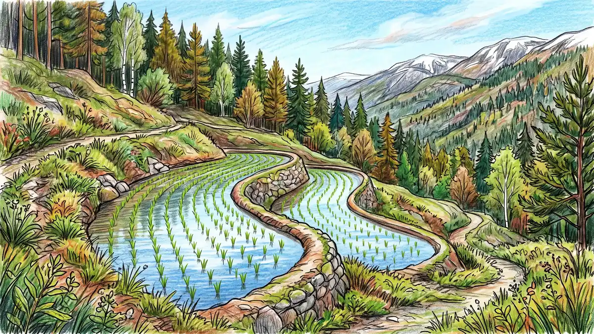 Terraced rice paddy carved into a cold climate hillside with shallow flooded water and young green rice seedlings in spring