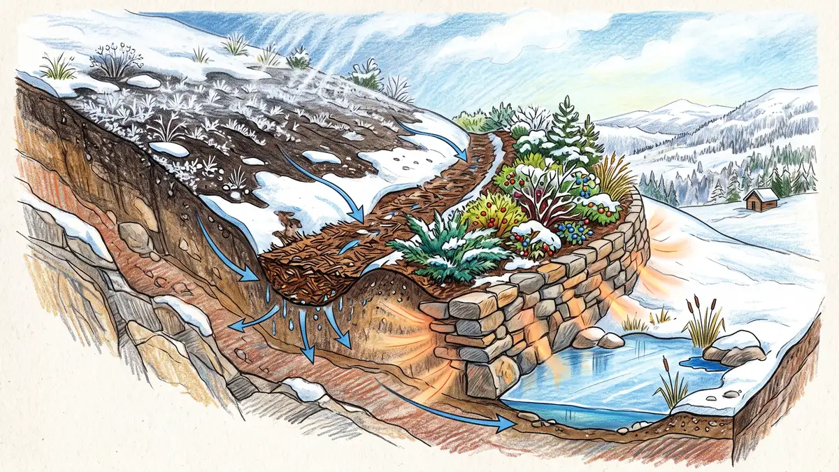 Cross section illustration of a cold climate hillside water harvesting system showing a contour swale, pond, stone wall and frost on the soil surface