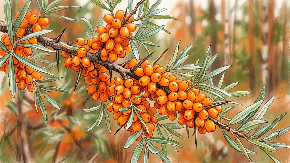 Close-up of a seaberry sea buckthorn branch loaded with bright orange berries and silvery green leaves in cold climate autumn light
