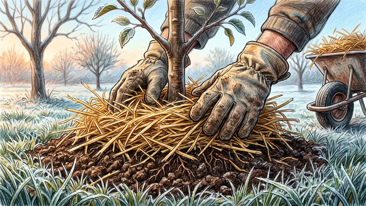 Gloved hands pressing a thick layer of straw mulch around the base of a young fruit tree in cold climate soil on a frosty morning