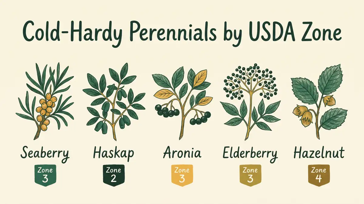 Infographic showing five cold hardy perennial crops for permaculture with their USDA zone ratings including seaberry haskap aronia elderberry and hazelnut