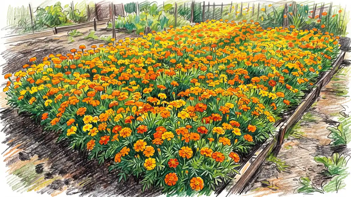 Dense solid block of French marigolds grown as a full season cover crop across an entire garden bed for nematode suppression