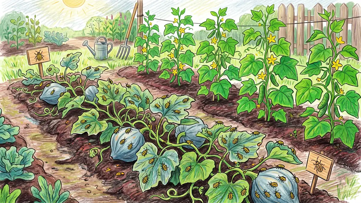 Blue Hubbard squash trap crop row covered in cucumber beetles protecting a clean healthy main cucumber planting behind it