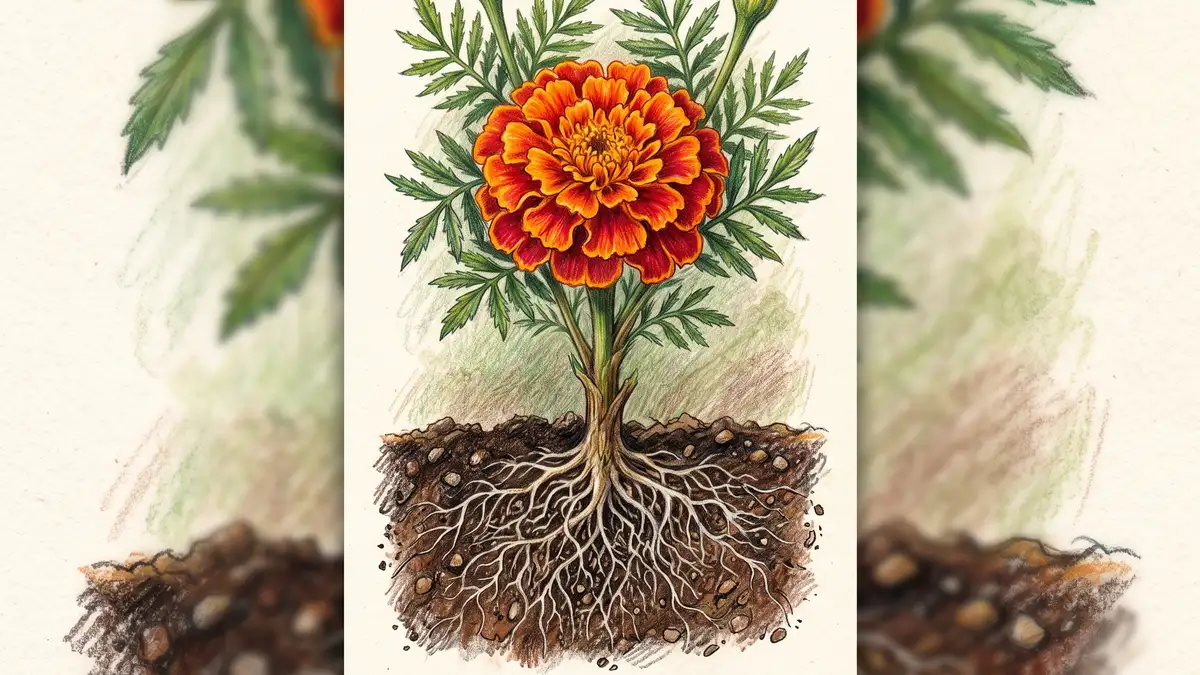 Close-up botanical study of a French marigold flower head with orange petals and the exposed fine white root zone in dark soil