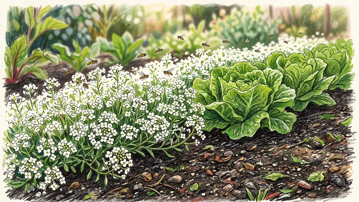 Sweet alyssum flowering at the base of a row of lettuce with hoverflies above the blooms as an insectary companion planting