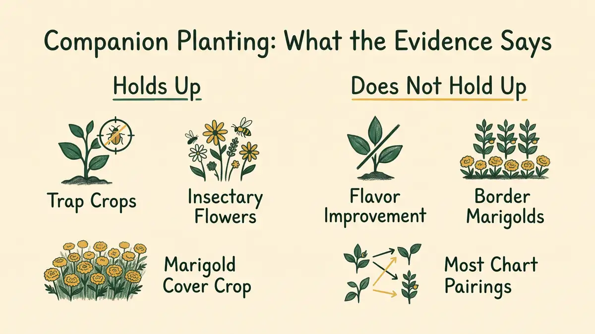 Infographic comparing companion planting claims that hold up scientifically against claims that do not hold up under research