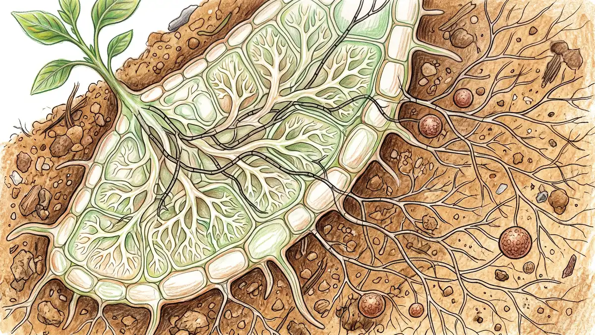 Microscopic illustration of arbuscular mycorrhizal fungi forming branching arbuscules inside plant root cells with hyphae extending into surrounding soil
