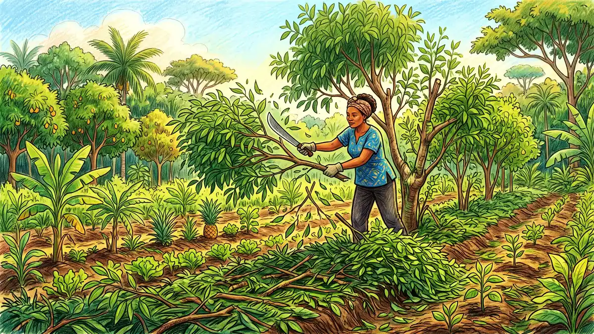 Syntropic agroforestry row being heavily pruned with cut branches laid as thick mulch between rows of young crops