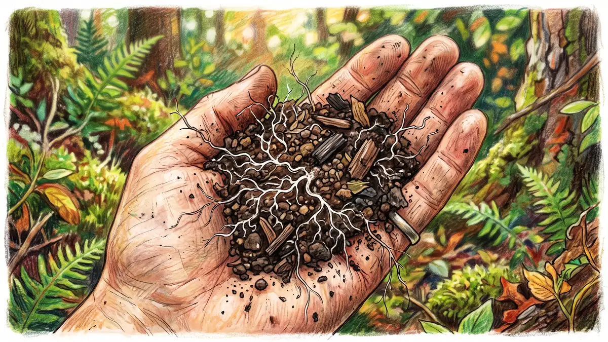 Handful of dark forest soil threaded with visible white fungal mycelium strands and fragments of decomposing wood chips
