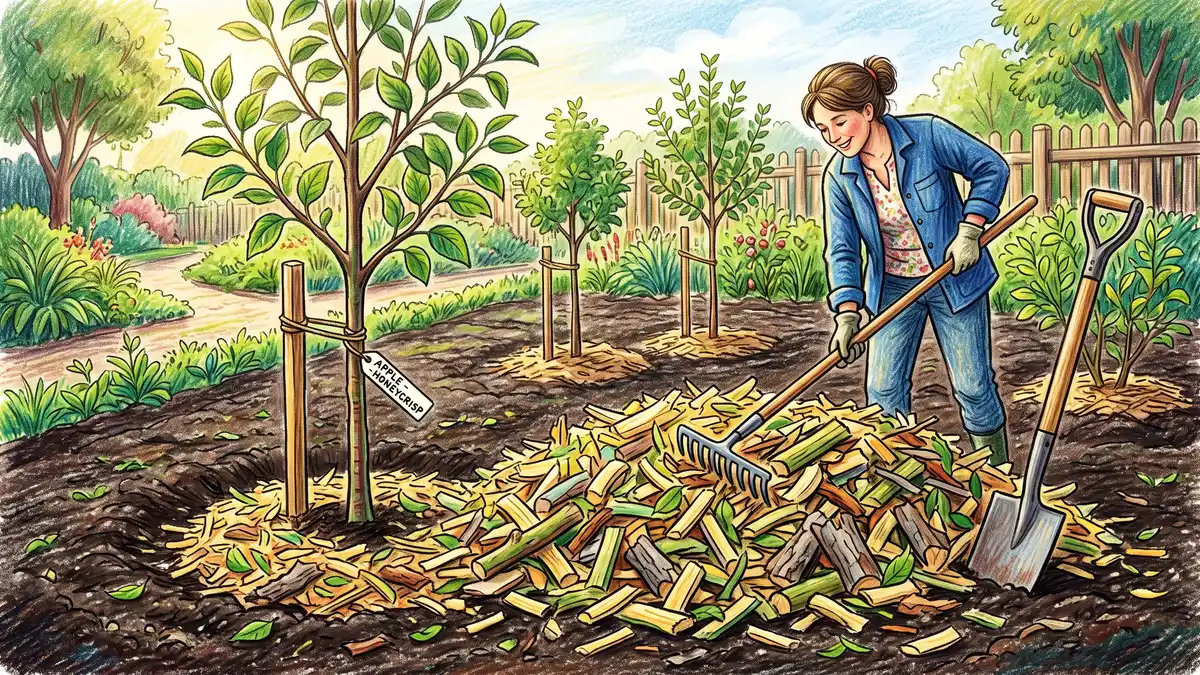 Freshly chipped small diameter branch wood being spread as ramial wood chip mulch around the base of young fruit trees