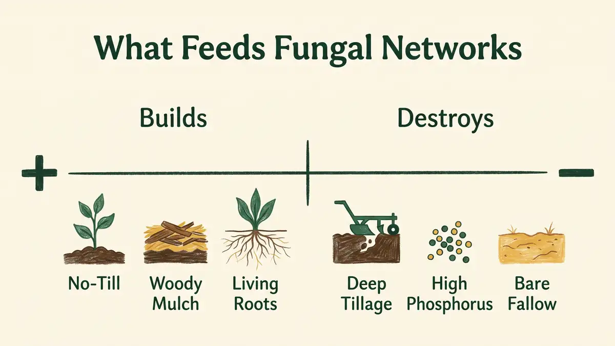 Infographic showing what builds fungal networks in soil including no-till, woody mulch and living roots versus what destroys them