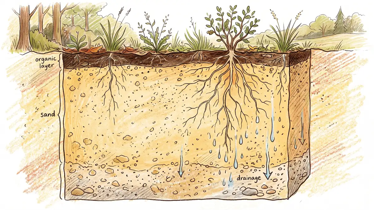 Soil profile cross-section of sandy ground showing a thin dark organic layer over deep pale sand with water draining quickly through
