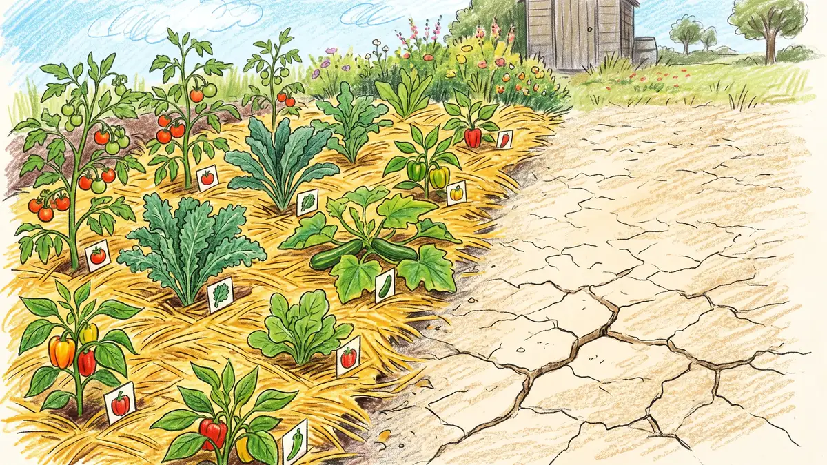 Thick straw mulch over a planted garden bed beside a bare patch of dry pale sandy soil showing the moisture difference