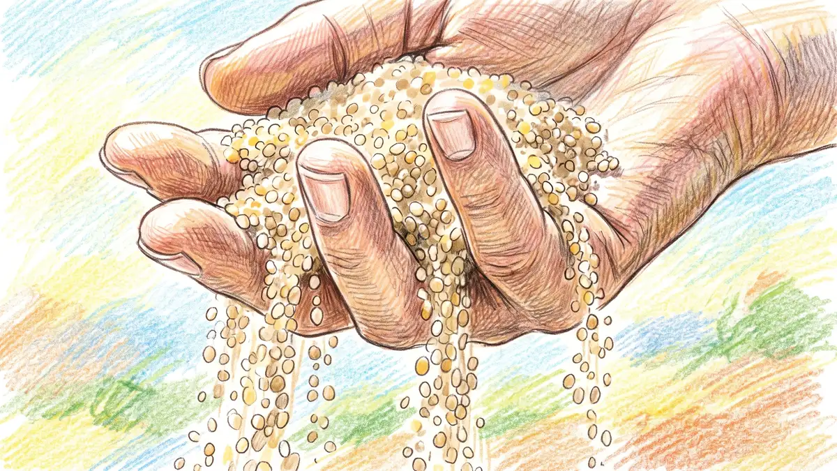 Extreme close-up of pale coarse sandy soil running through fingers with individual sand grains visible and no crumb structure